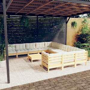 Vrtna sedežna garnitura 12-delna s krem blazinami borovina