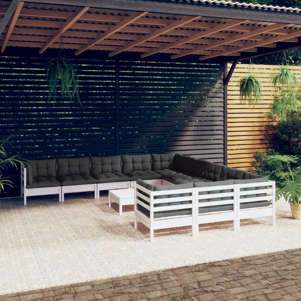 vidaXL Set mobilier grădină cu perne, 12 piese, alb, lemn de pin 