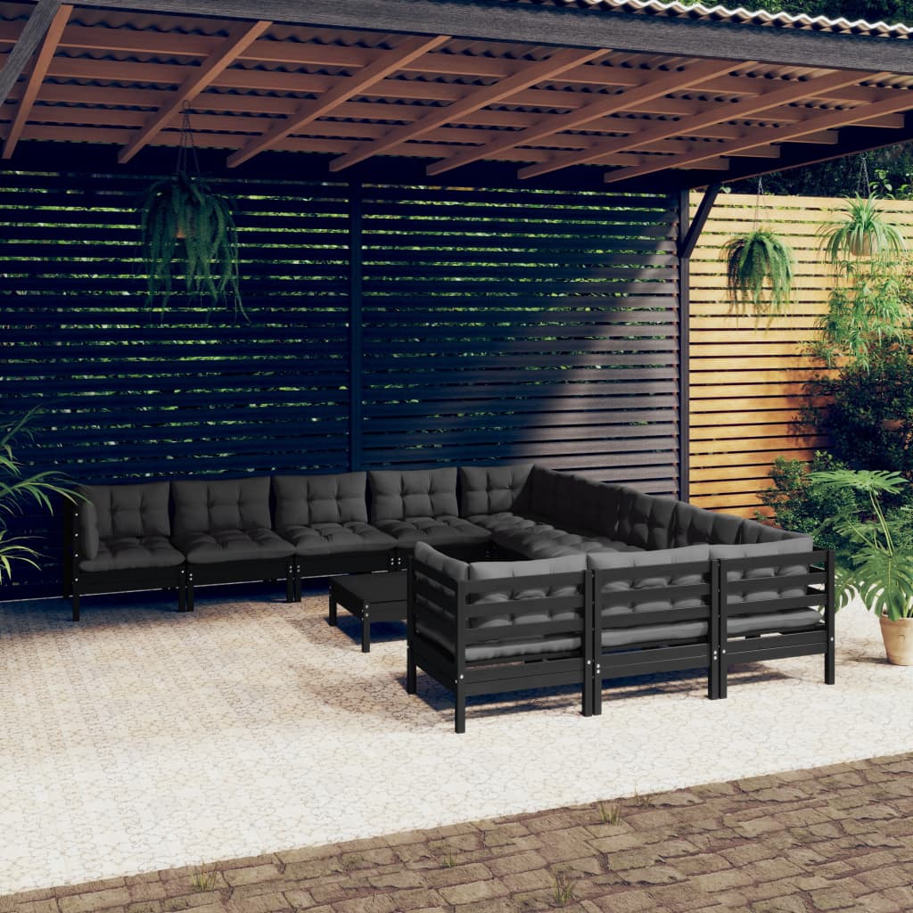 vidaXL 12-tlg. Garten-Lounge-Set mit Kissen Schwarz Kiefernholz