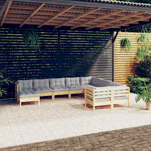 Vrtna sedežna garnitura 10-delna s sivimi blazinami borovina