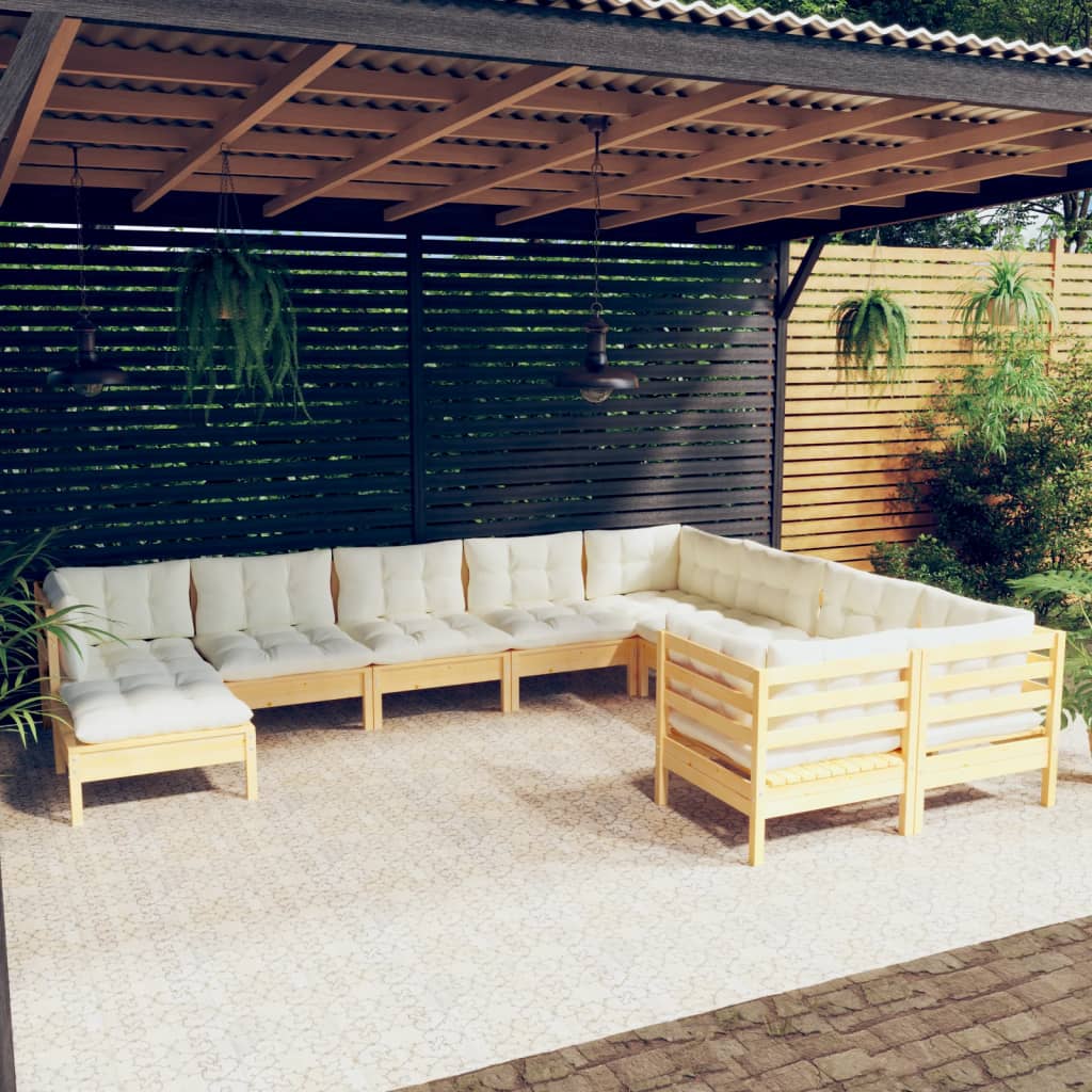 vidaXL loungesæt til haven 10 dele med cremefarvede hynder fyrretræ
