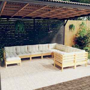 Vrtna sedežna garnitura 10-delna s krem blazinami borovina