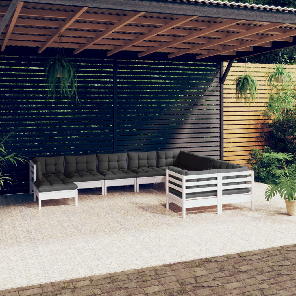 vidaXL loungesæt til haven 10 dele med hynder fyrretræ hvid