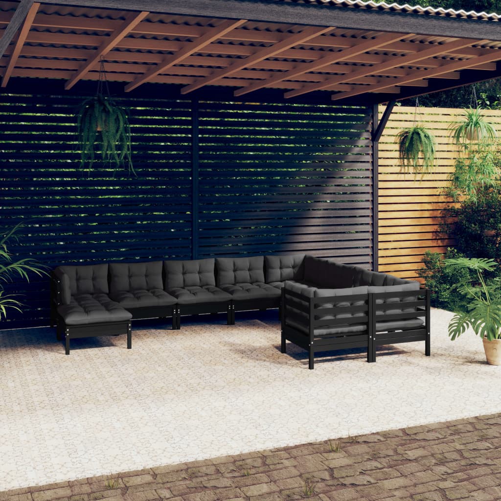 vidaXL 10-tlg. Garten-Lounge-Set mit Kissen Schwarz Kiefernholz