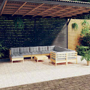 Vrtna sedežna garnitura 11-delna s sivimi blazinami borovina