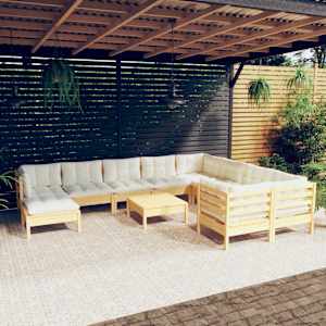 Vrtna sedežna garnitura 11-delna s krem blazinami borovina