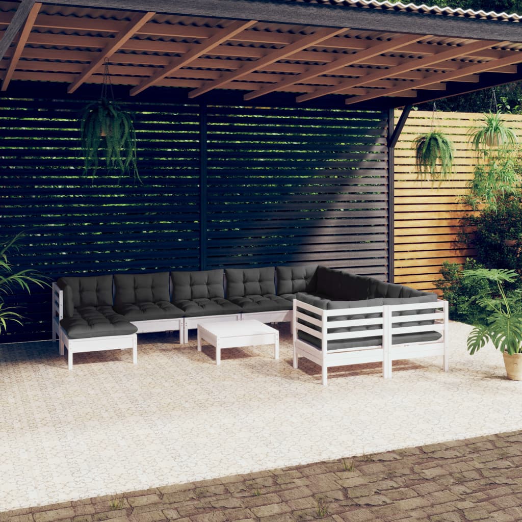 vidaXL Set mobilier de grădină cu perne, 11 piese, alb lemn de pin 