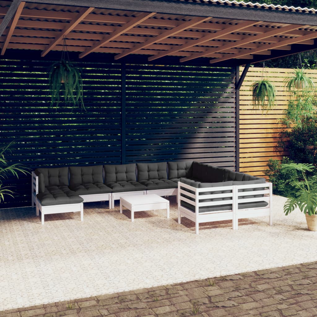 vidaXL 11-tlg. Garten-Lounge-Set mit Kissen Weiß Kiefernholz