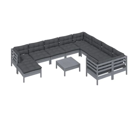 vidaXL Sodo komplektas su pagalvėmis, 11 dalių, pilkas, pu&scaron;ies mediena