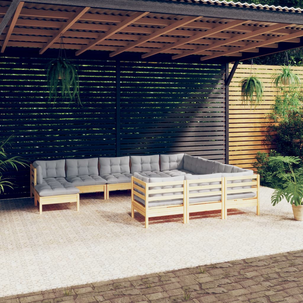 vidaXL 11-cz. zestaw wypoczynkowy do ogrodu, szare poduszki, sosna