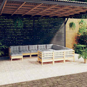 Vrtna sedežna garnitura 11-delna s sivimi blazinami borovina