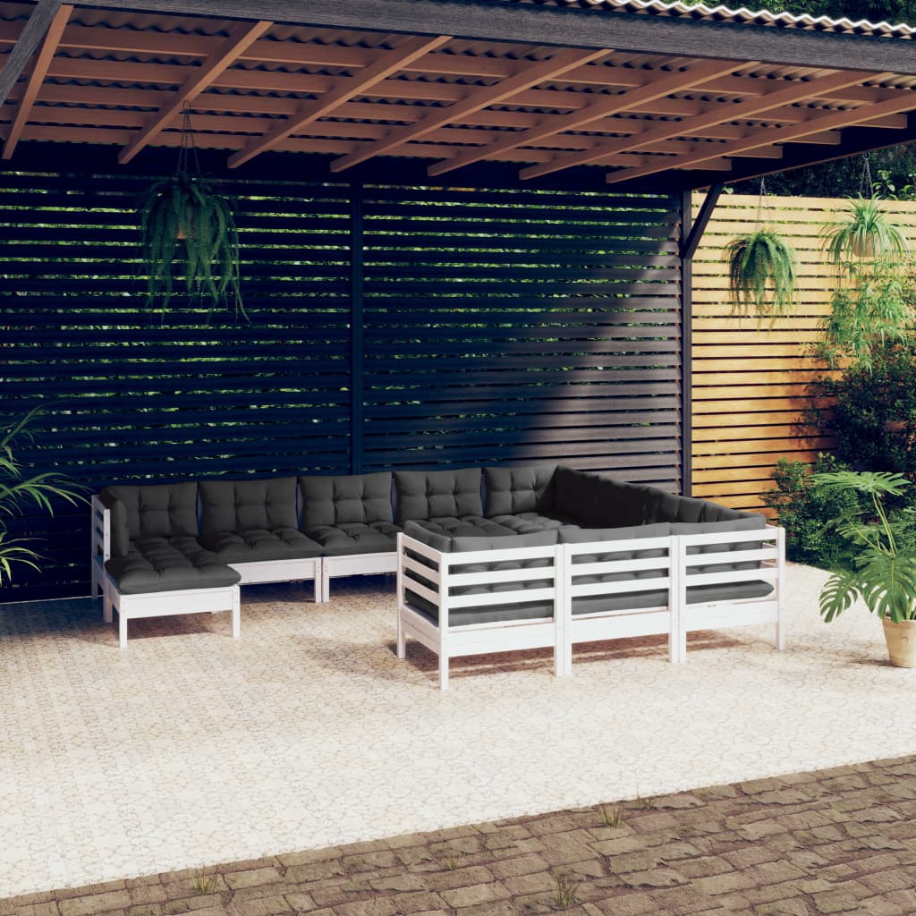 vidaXL 11-tlg. Garten-Lounge-Set mit Kissen Weiß Kiefernholz