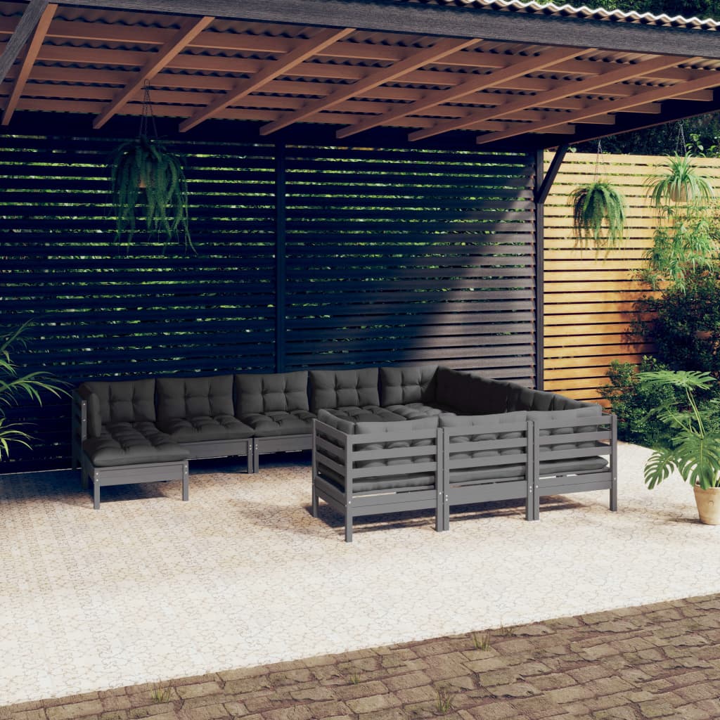 vidaXL 11-tlg. Garten-Lounge-Set mit Kissen Grau Kiefernholz