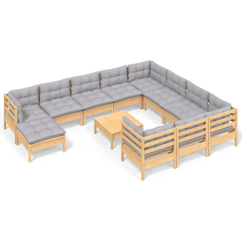 VidaXL 12 Piece Patio Lounge Set With Gray Cushions Pinewood