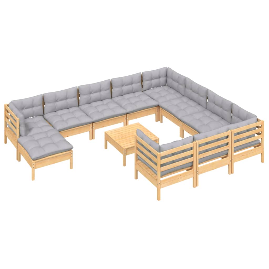 vidaXL Set mobilier grădină cu perne, 12 piese, gri, lemn masiv pin