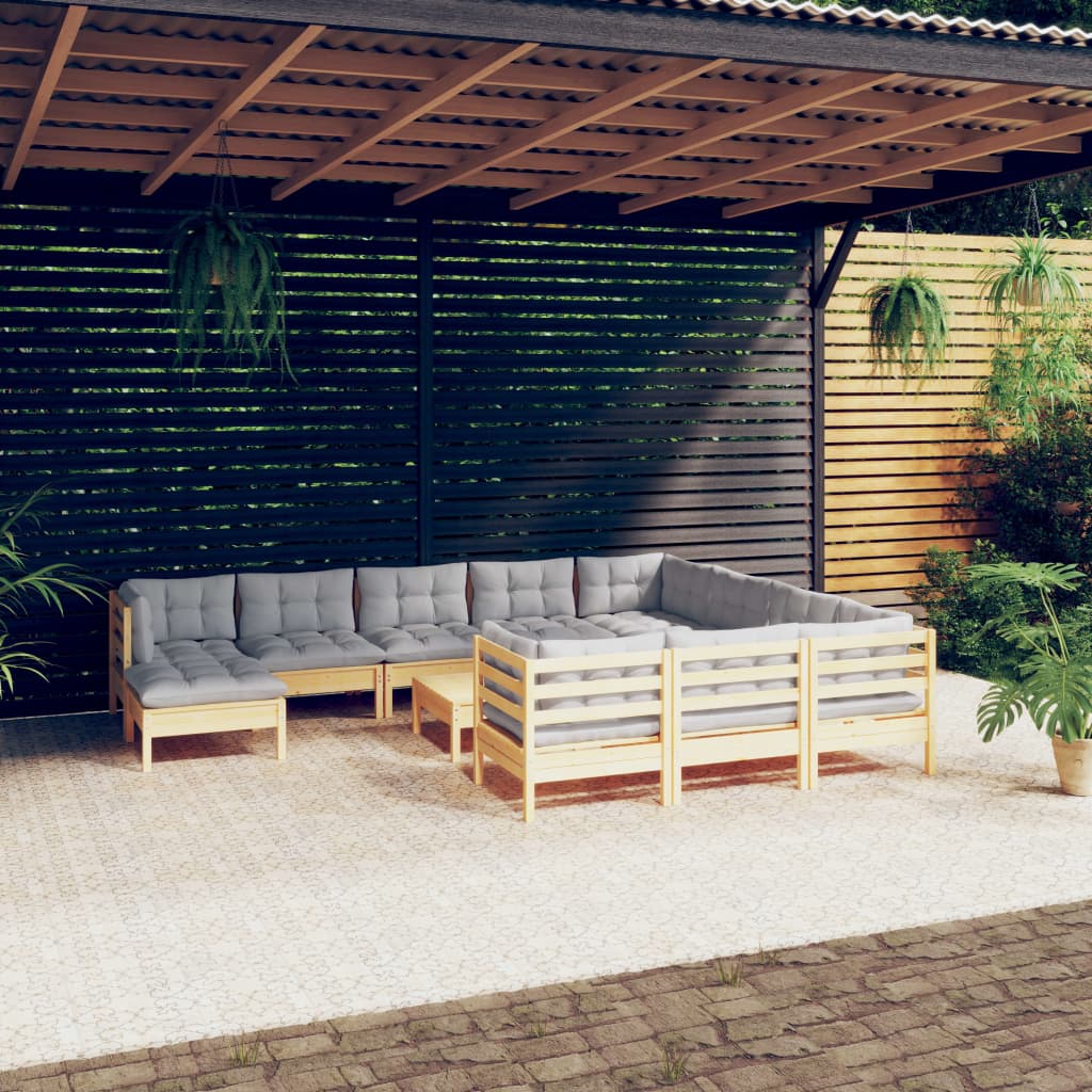 vida XL 12-tlg. Garten-Lounge-Set mit Grauen Kissen Kiefernholz
