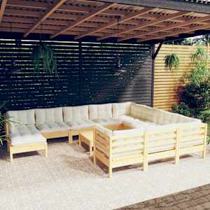 Vrtna sedežna garnitura 12-delna s krem blazinami borovina