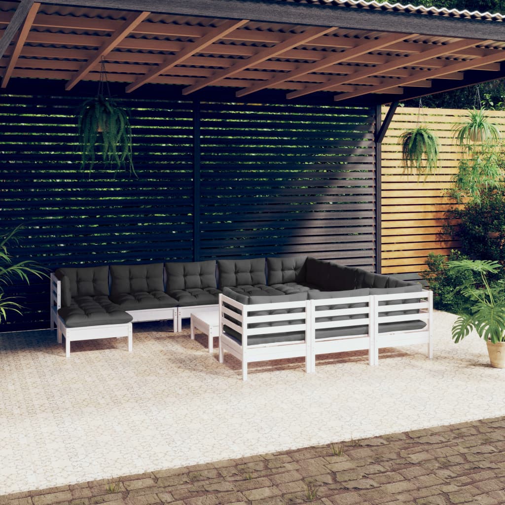 vidaXL loungesæt til haven 12 dele med hynder fyrretræ hvid