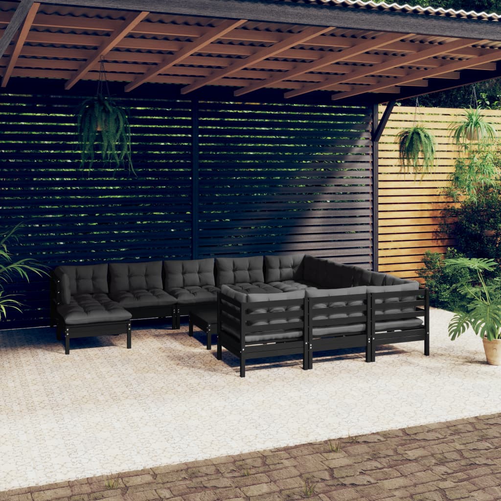 Salon de jardin 12 pcs avec coussins Noir Bois de pin