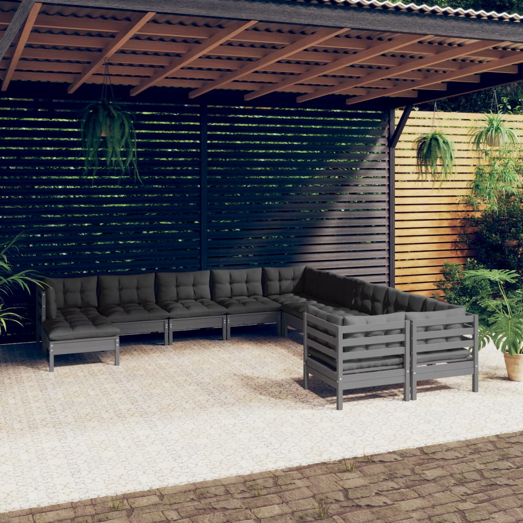 vidaXL 11-tlg. Garten-Lounge-Set mit Kissen Grau Kiefernholz