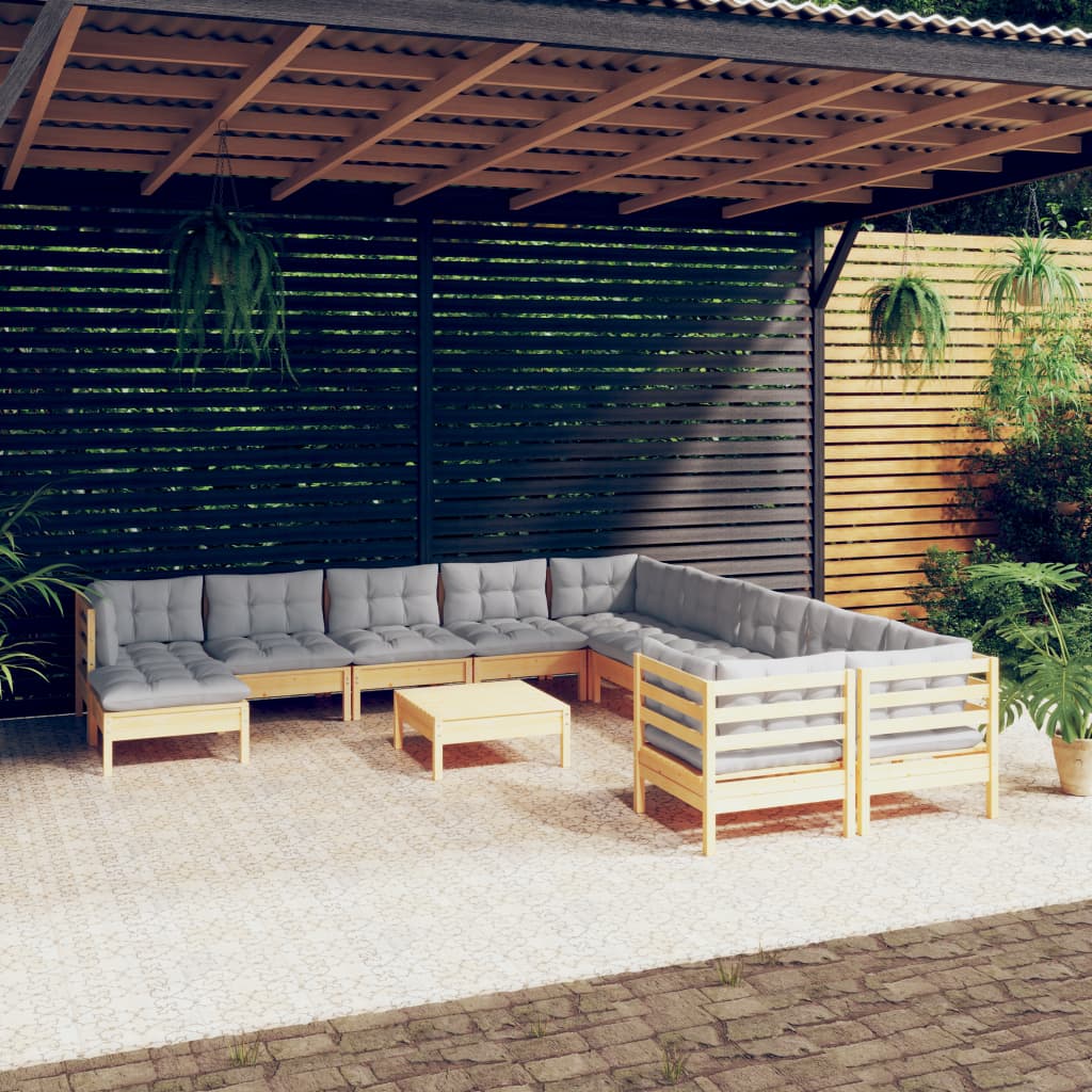 vidaXL 12-tlg. Garten-Lounge-Set mit Grauen Kissen Kiefernholz