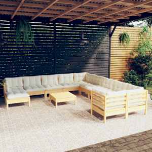 Vrtna sedežna garnitura 12-delna s krem blazinami borovina