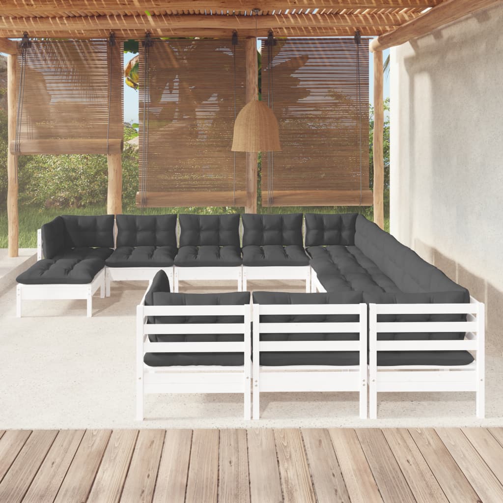 vidaXL Set mobilier de grădină cu perne, 12 piese, alb, lemn de pin
