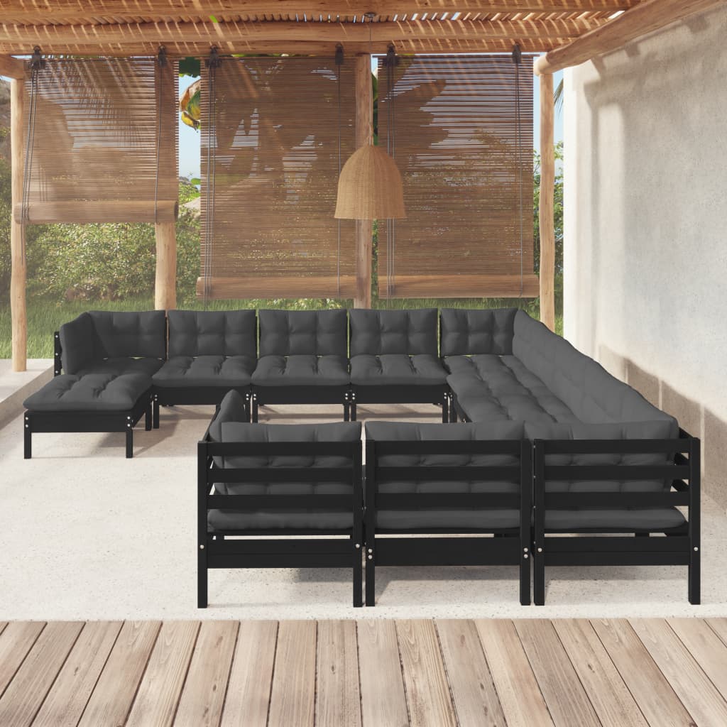 vidaXL 12-tlg. Garten-Lounge-Set mit Kissen Schwarz Kiefernholz