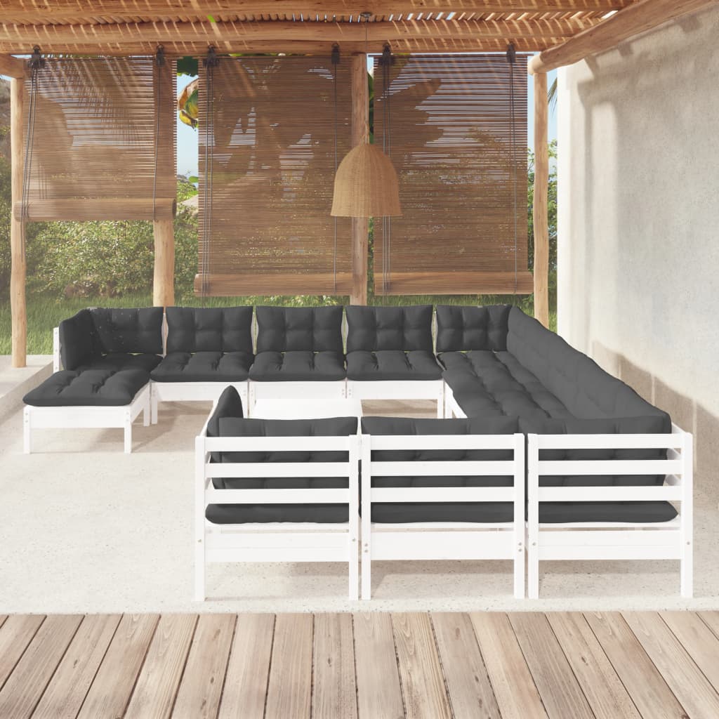 vidaXL Set mobilier de grădină cu perne, 13 piese, alb, lemn de pin vidaXL