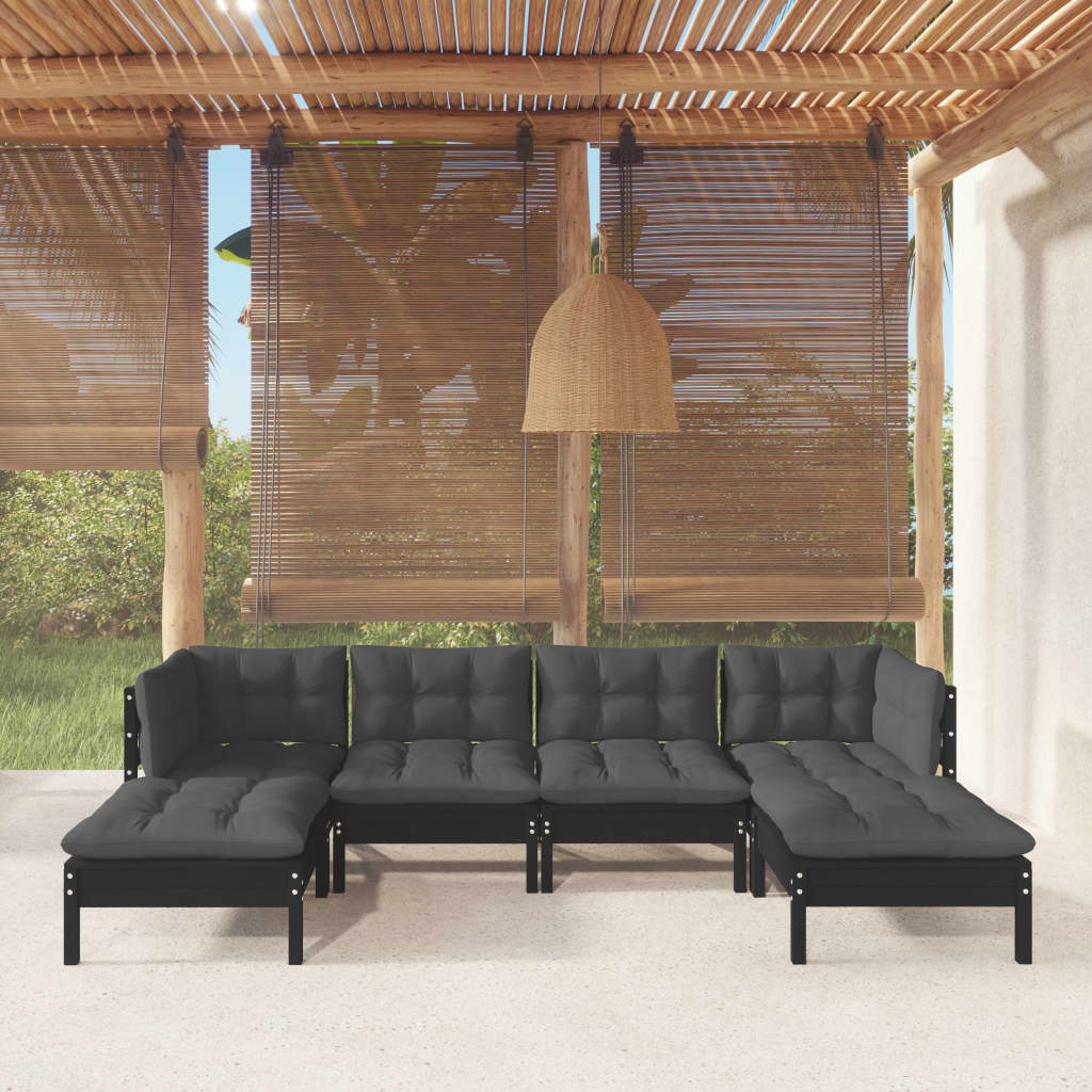 6-tlg. Garten-Lounge-Set mit Kissen Schwarz Kiefernholz