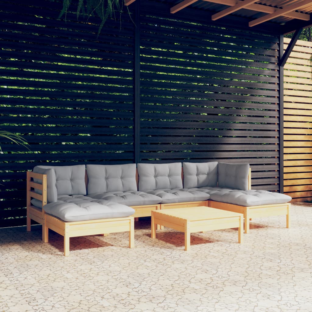 7-tlg. Garten-Lounge-Set mit Grauen Kissen Kiefernholz kaufen