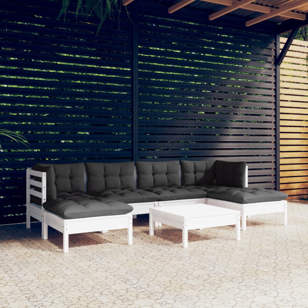 vidaXL Set mobilier de grădină cu perne, 7 piese, alb, lemn de pin vidaXL