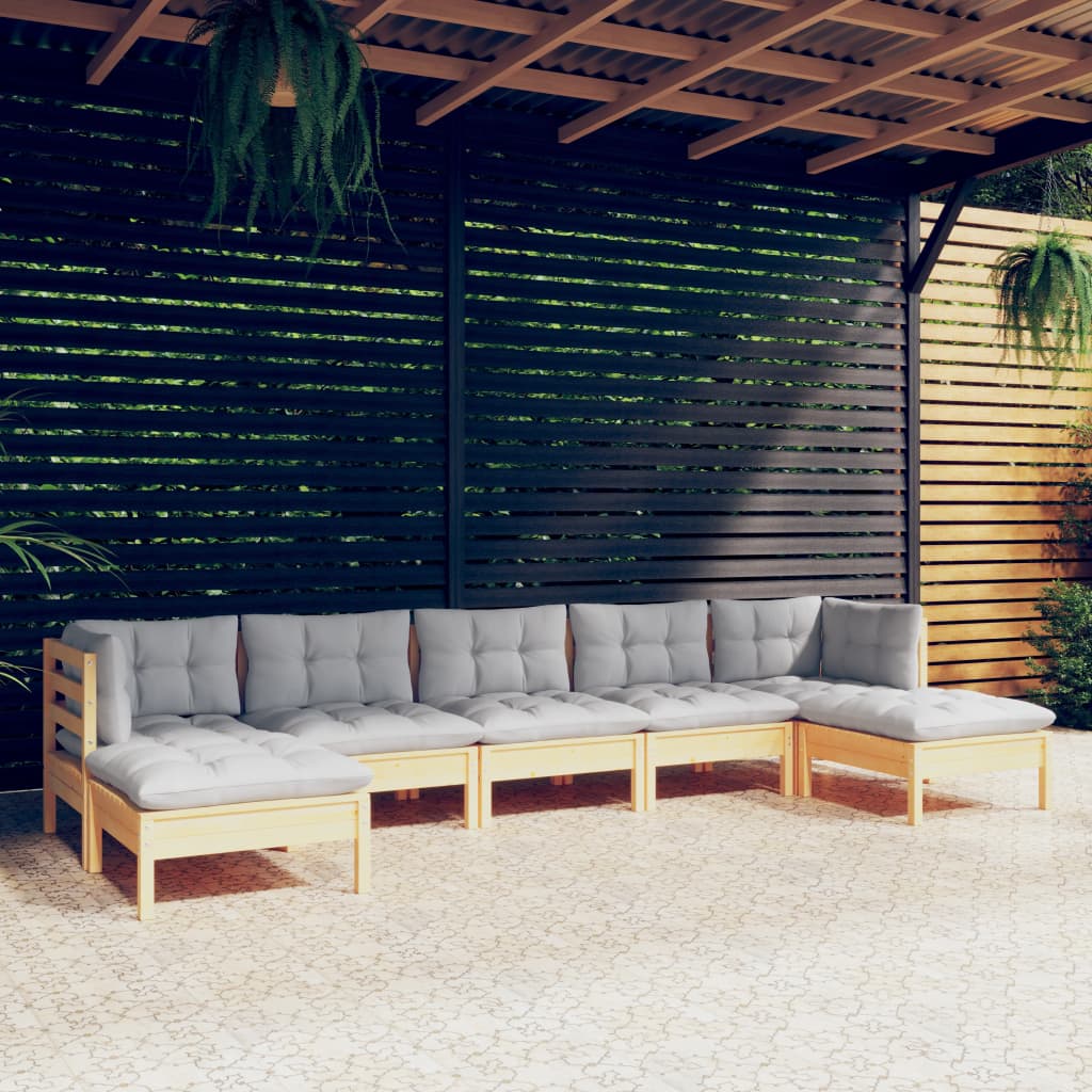 vidaXL 7-tlg. Garten-Lounge-Set mit Grauen Kissen Kiefernholz