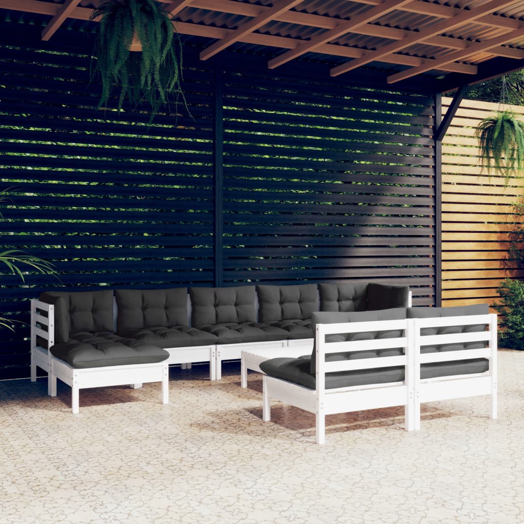 vidaXL Set mobilier de grădină cu perne, 10 piese, alb, llemn de pin