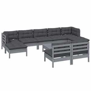 vidaXL Sodo komplektas su pagalvėmis, 10 dalių, pilkas, pu&scaron;ies mediena