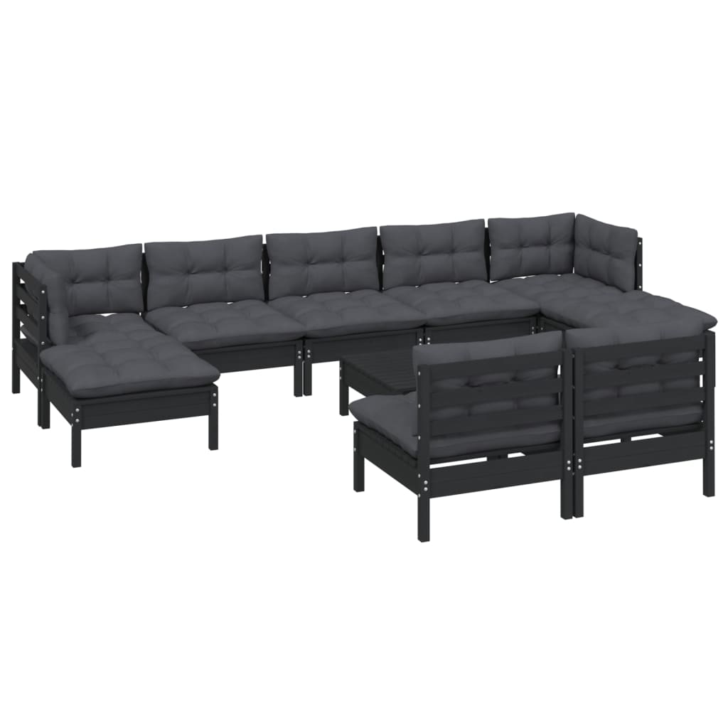 

vidaXL 10-delige Loungeset met kussens grenenhout zwart