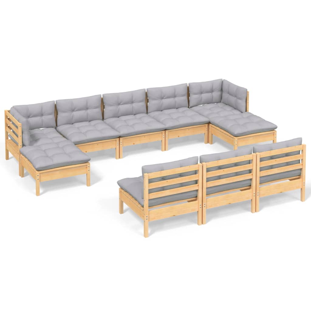 VidaXL 10 Piece Garden Lounge Set With Grey Cushions Pinewood