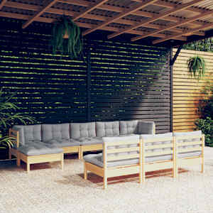 Vrtna sedežna garnitura 10-delna s sivimi blazinami borovina