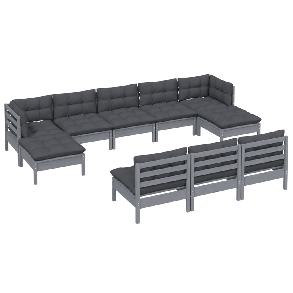 vidaXL 10-tlg. Garten-Lounge-Set mit Kissen Grau Kiefernholz