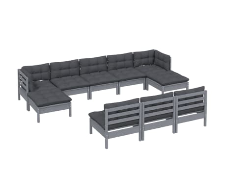 vidaXL 10-tlg. Garten-Lounge-Set mit Kissen Grau Kiefernholz