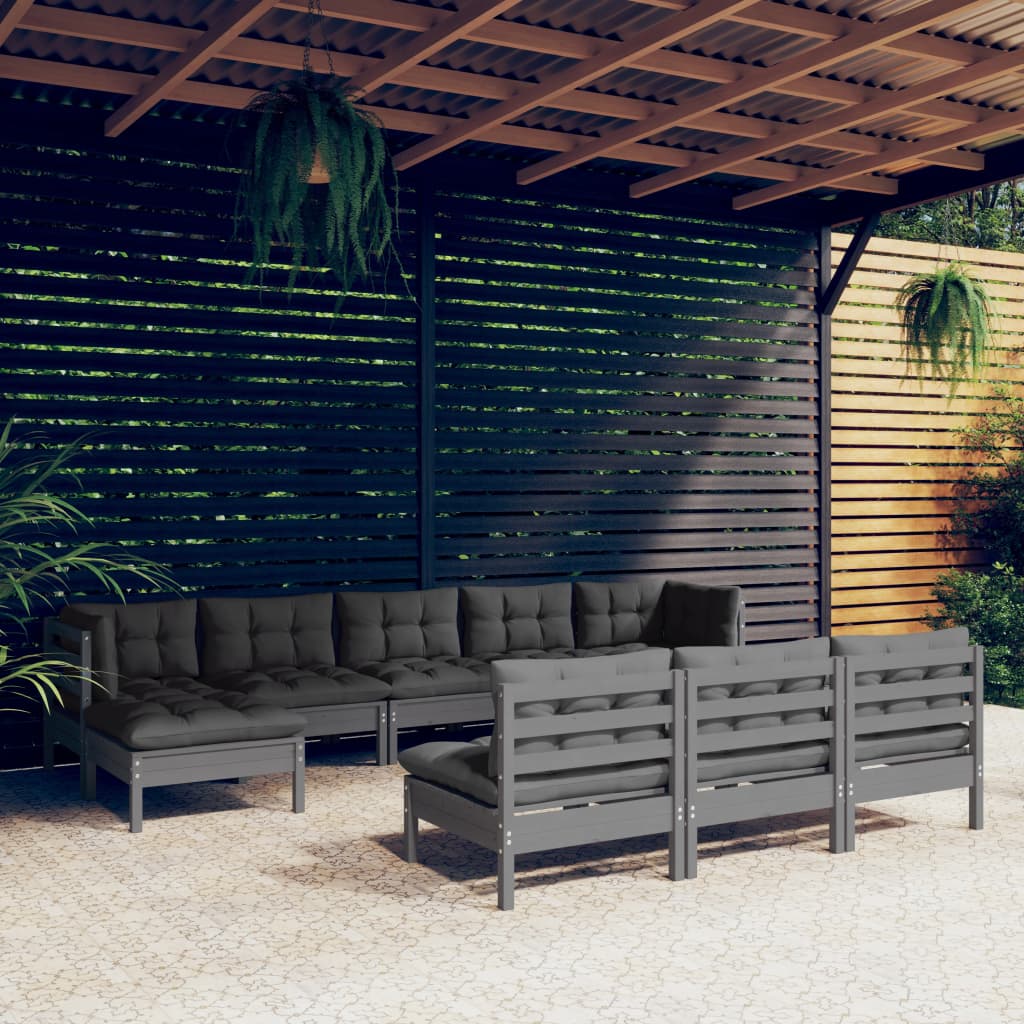 10-tlg. Garten-Lounge-Set mit Kissen Grau Kiefernholz kaufen