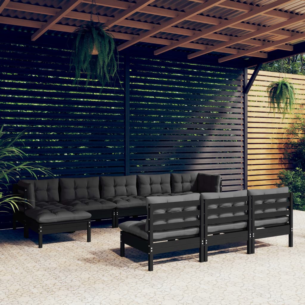 vidaXL 10-tlg. Garten-Lounge-Set mit Kissen Schwarz Kiefernholz