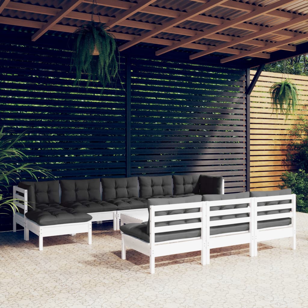 11-tlg. Garten-Lounge-Set mit Kissen Weiß Kiefernholz kaufen