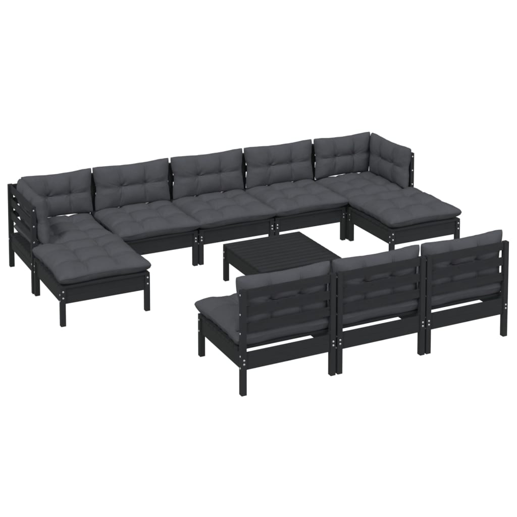 

vidaXL 11-delige Loungeset met kussens grenenhout zwart