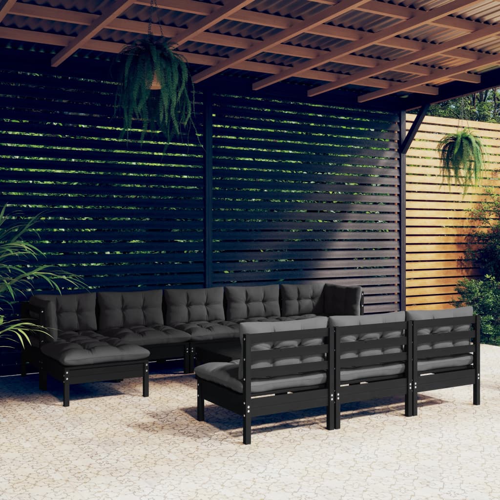 vidaXL 11-tlg. Garten-Lounge-Set mit Kissen Schwarz Kiefernholz