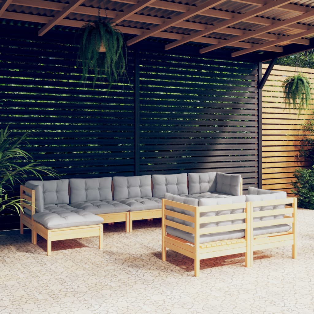 vidaXL 9-tlg. Garten-Lounge-Set mit Grauen Kissen Kiefer Massivholz