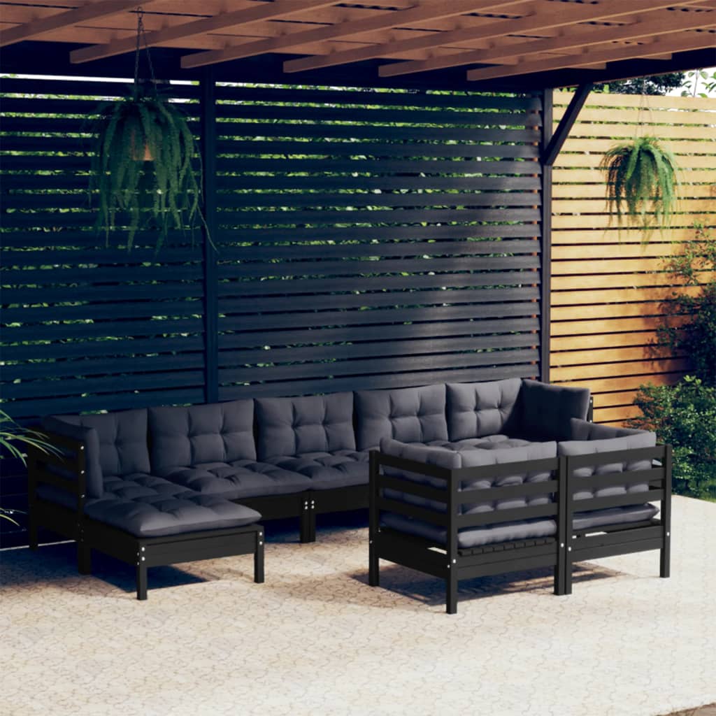 vidaXL 9-tlg. Garten-Lounge-Set mit Kissen Schwarz Kiefer Massivholz