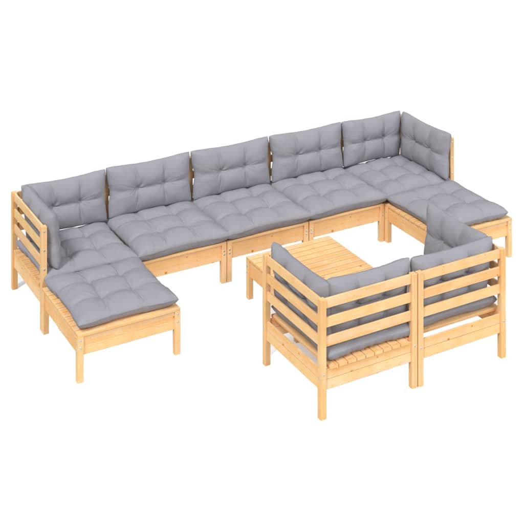 

vidaXL 10-delige Loungeset met grijze kussens massief grenenhout