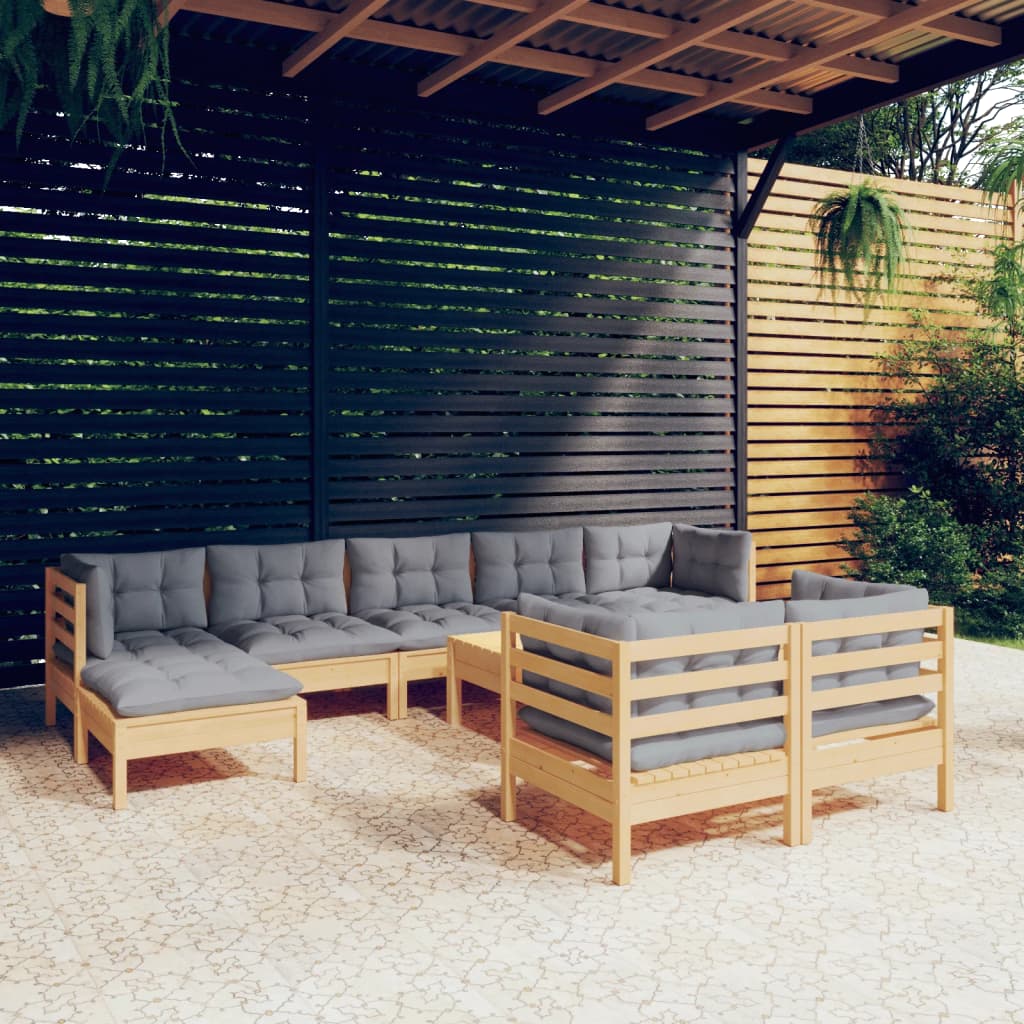 vidaXL 10-tlg. Garten-Lounge-Set mit Grauen Kissen Kiefer Massivholz