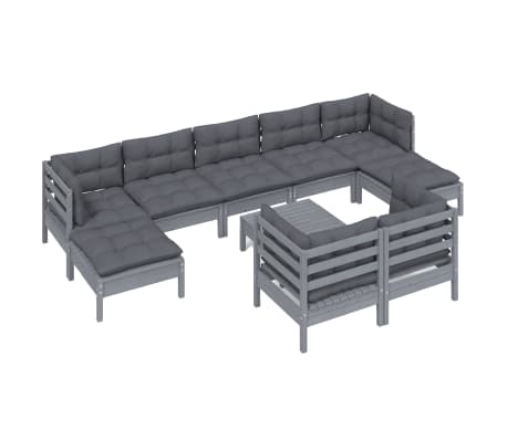 vidaXL Sodo komplektas su pagalvėmis, 10 dalių, pilkas, pu&scaron;ies mediena